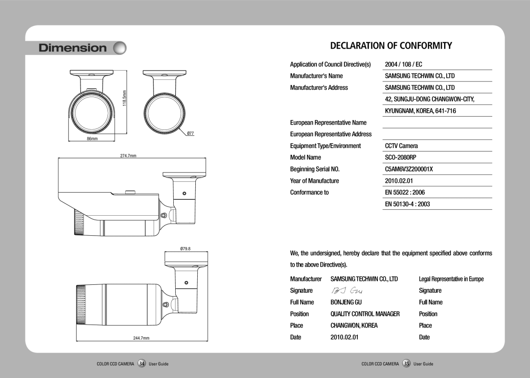 Samsung SCO-2080RP manual Dimension 