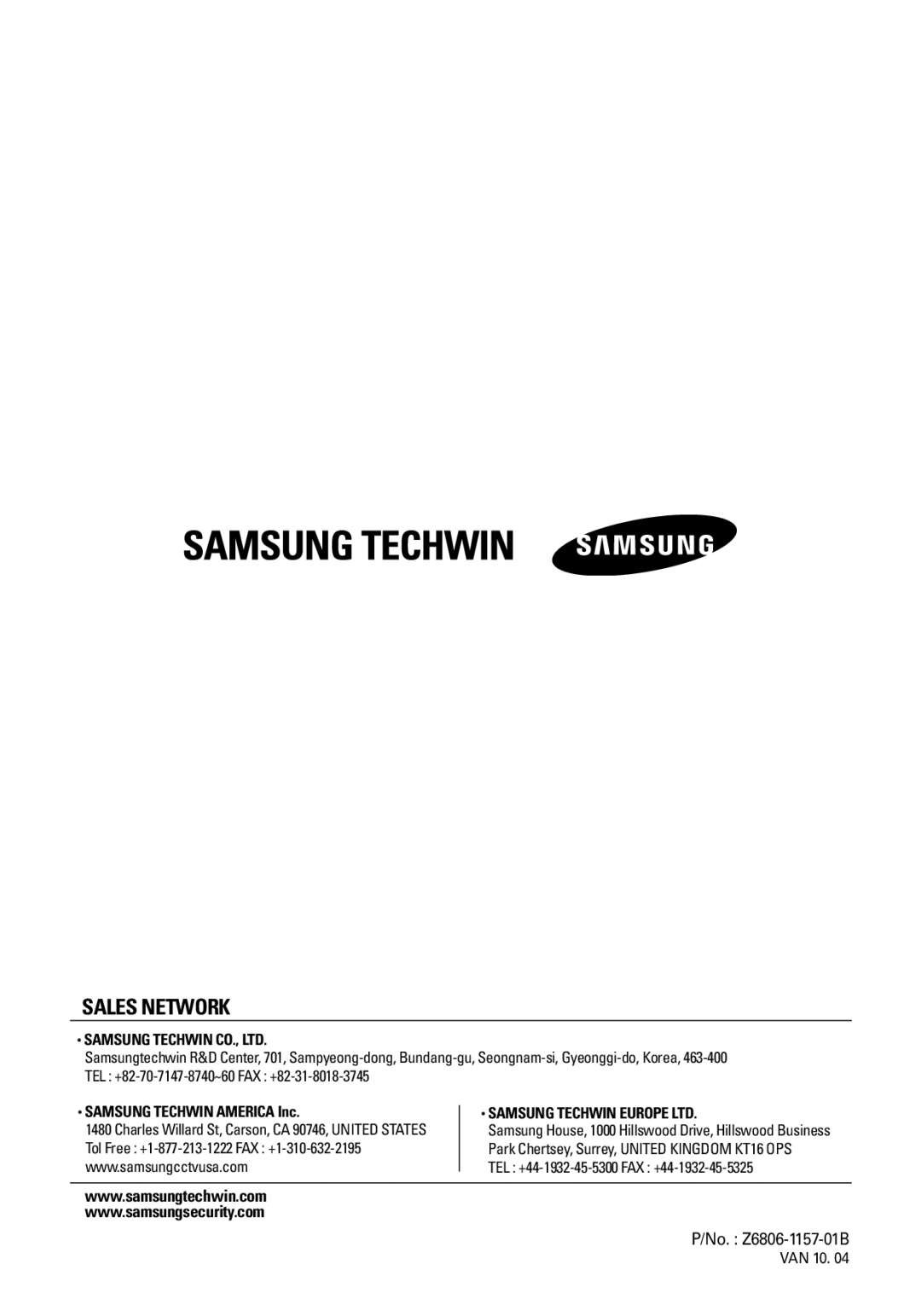 Samsung SCO-2080RP manual Sales Network 