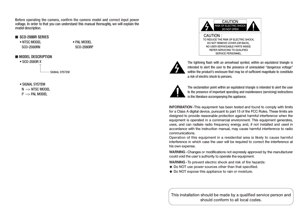 Samsung SCO-2080RP manual SCO-2080R Series, SCO-2080RN, Model Description, Risk of electric shock to persons 