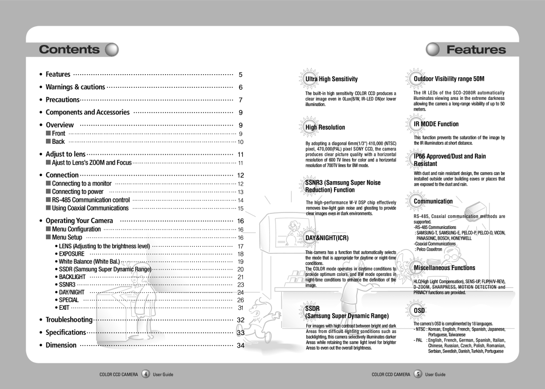 Samsung SCO-2080RP manual Contents Features 