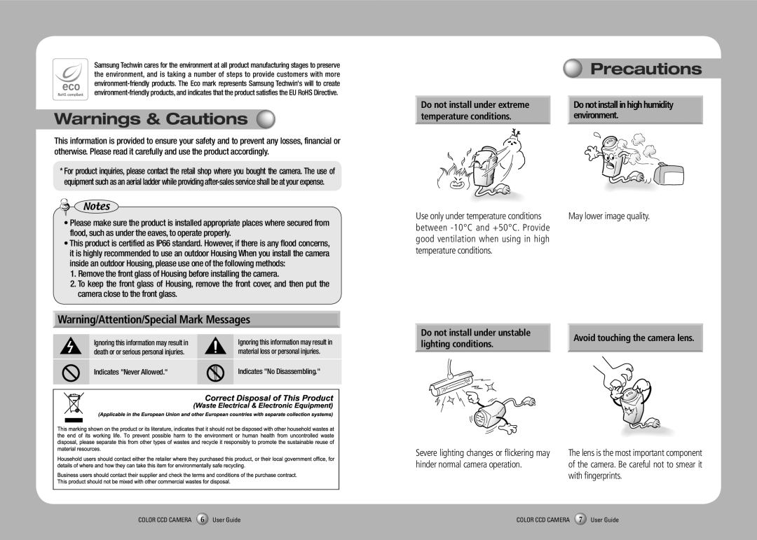 Samsung SCO-2080RP Precautions, Do not install under extreme, Temperature conditions Environment, Lighting conditions 