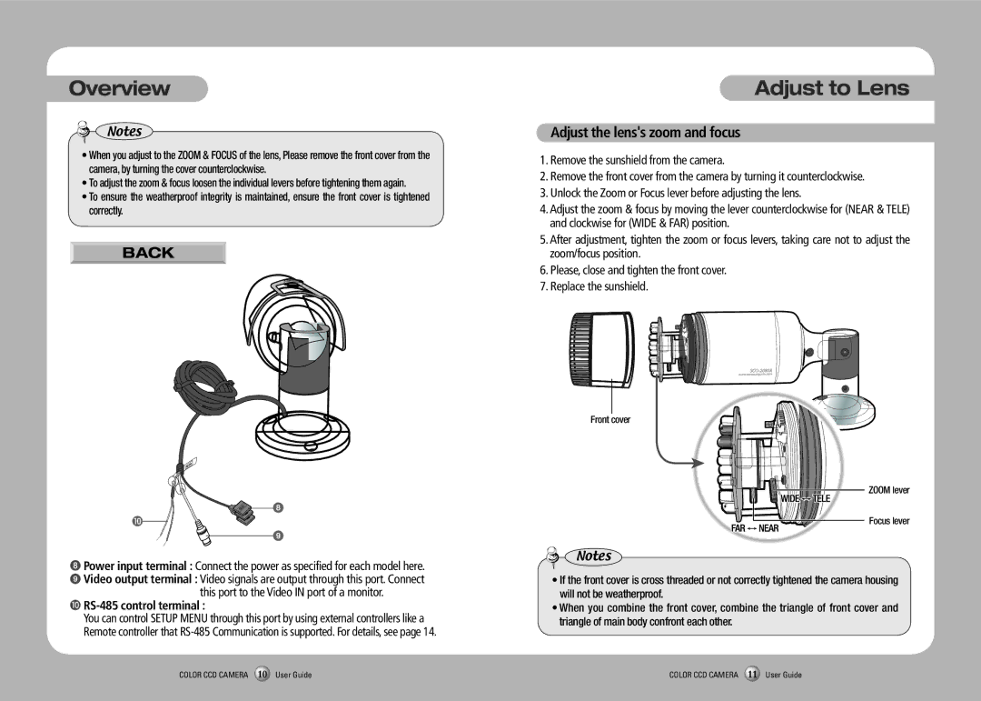 Samsung SCO-2080RP manual Adjust to Lens, Back, Adjust the lenss zoom and focus, ❿ RS-485 control terminal 