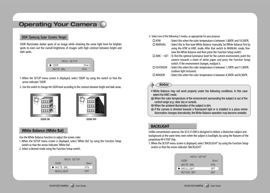 Samsung SCO-2120R manual White Balance White Bal, Backlight, Ssdr White BAL ATW 