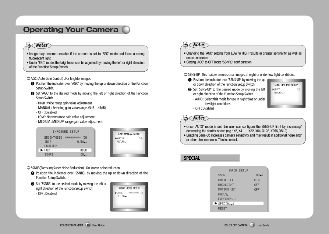 Samsung SCO-2120R manual Iris Auto Shutter AGC High SSNR3, Focus Exposure Special Reset 