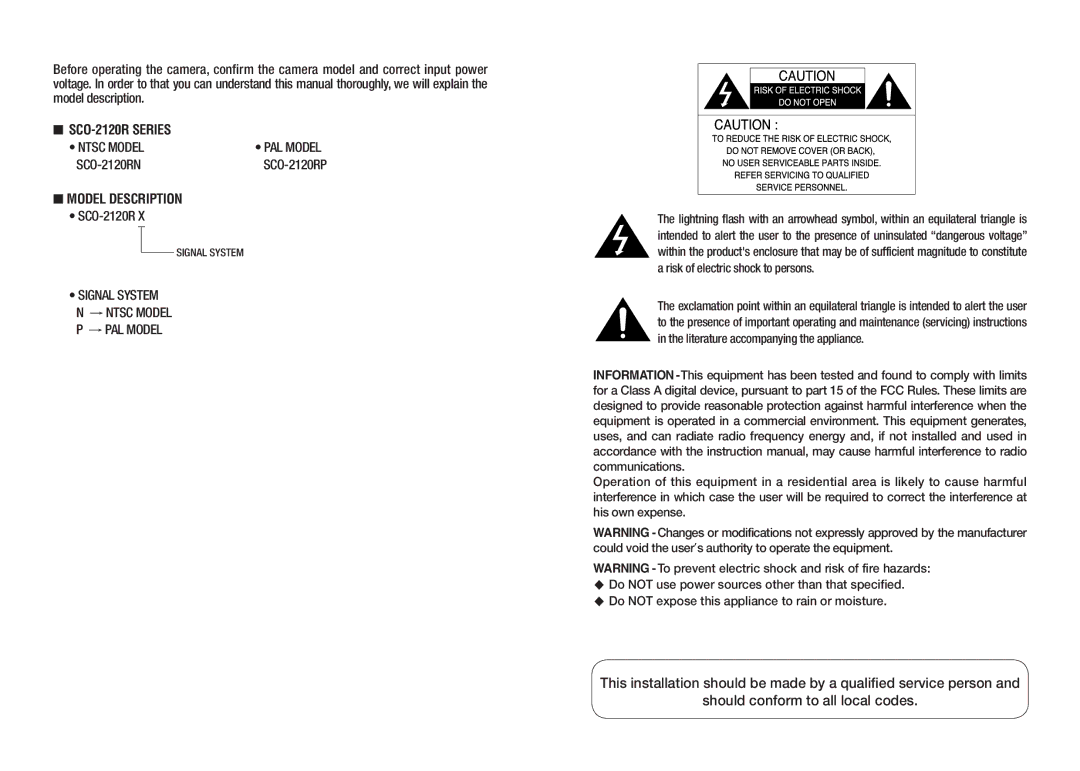 Samsung SCO-2120R manual Model Description, Risk of electric shock to persons 