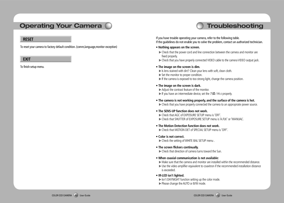 Samsung SCO-2120R manual Troubleshooting, Reset, Exit 