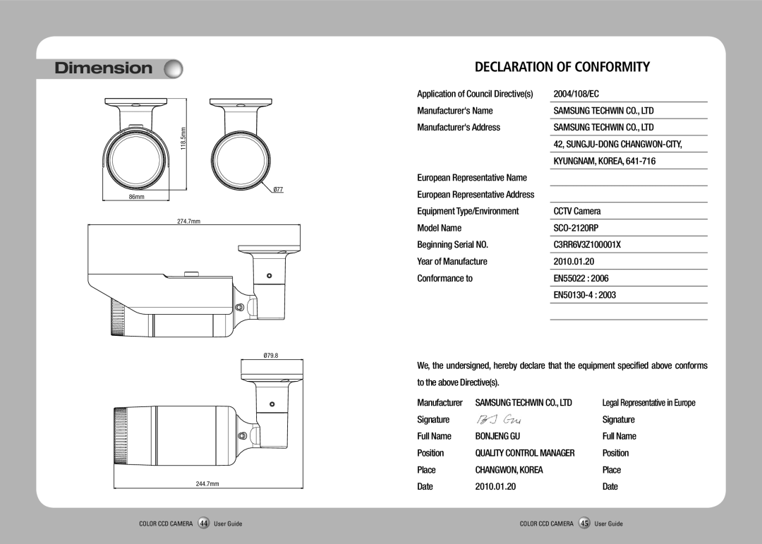 Samsung SCO-2120R manual Dimension, Declaration of Conformity 