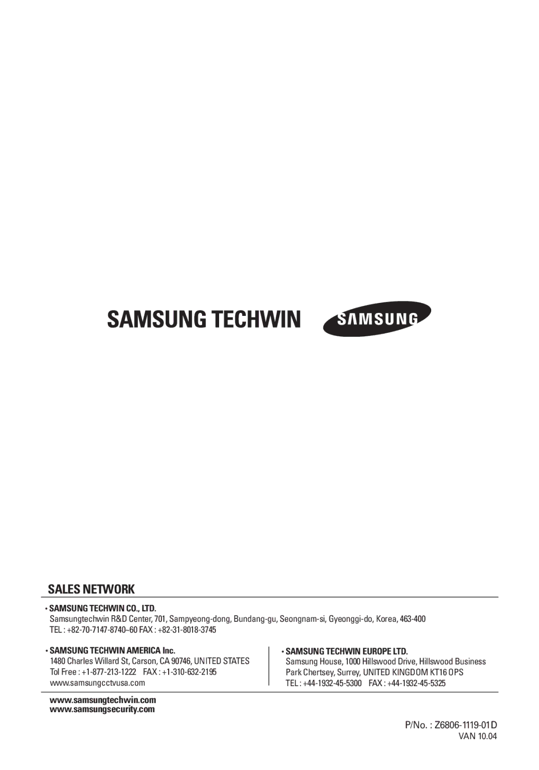 Samsung SCO-2120R manual Sales Network 