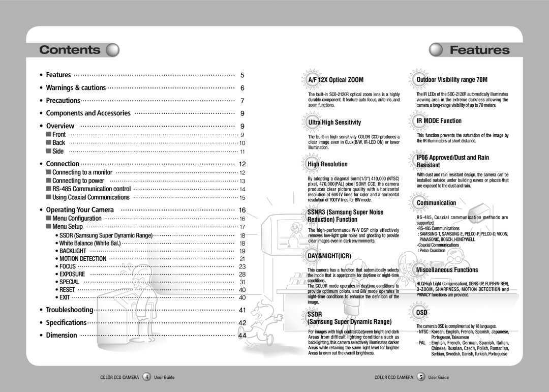 Samsung SCO-2120R manual Contents, Features 