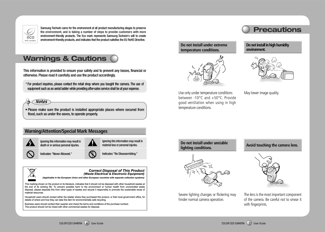 Samsung SCO-2120R manual Precautions, Temperature conditions Environment 