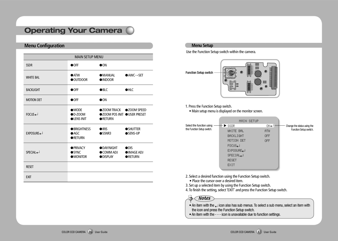 Samsung SCO-2120R manual Operating Your Camera, Menu Configuration 