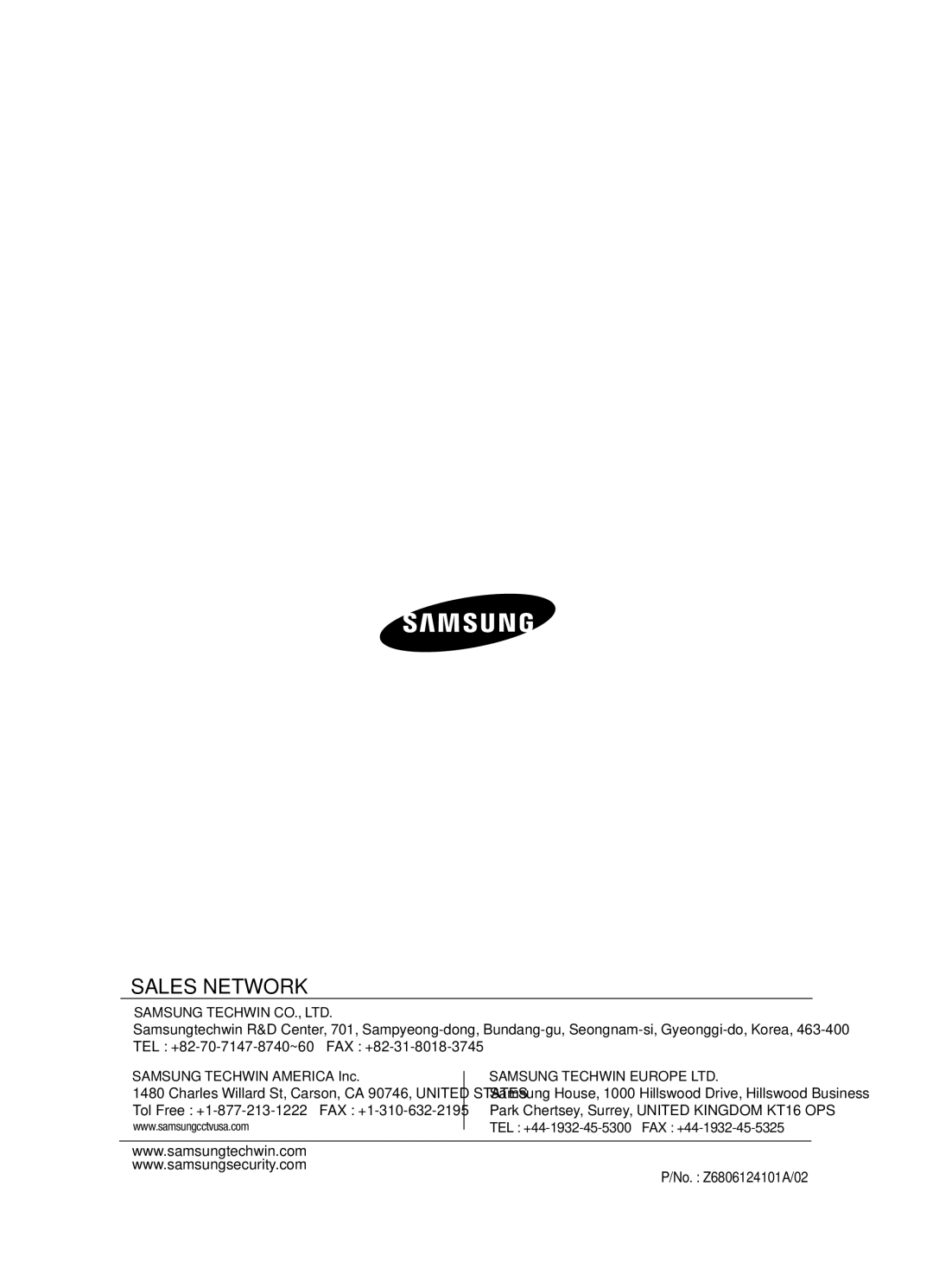 Samsung SCP-3120VH manual Sales Network, Samsung Techwin America Inc 