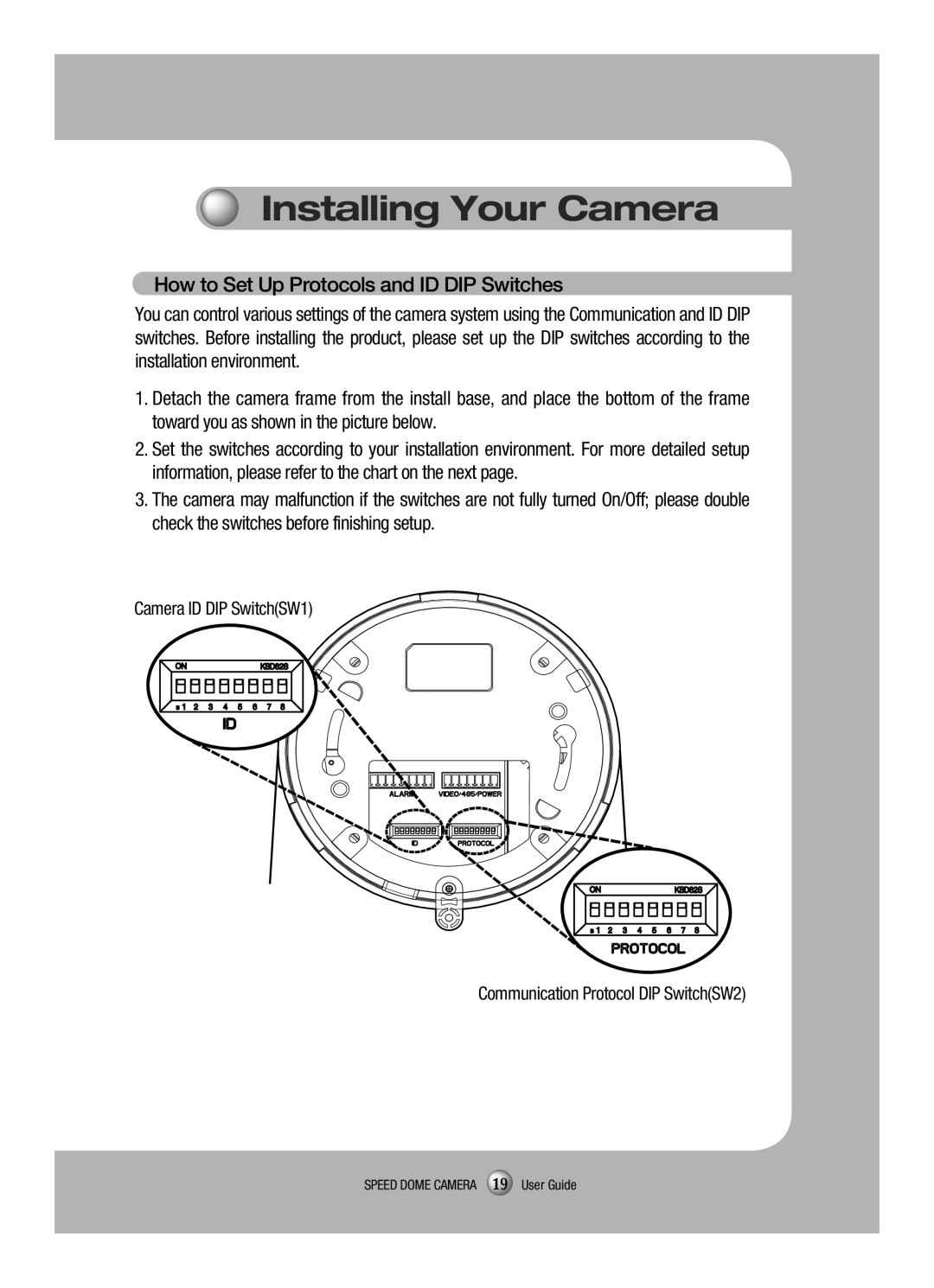 Samsung SCP-3120VH manual Installing Your Camera, How to Set Up Protocols and ID DIP Switches 