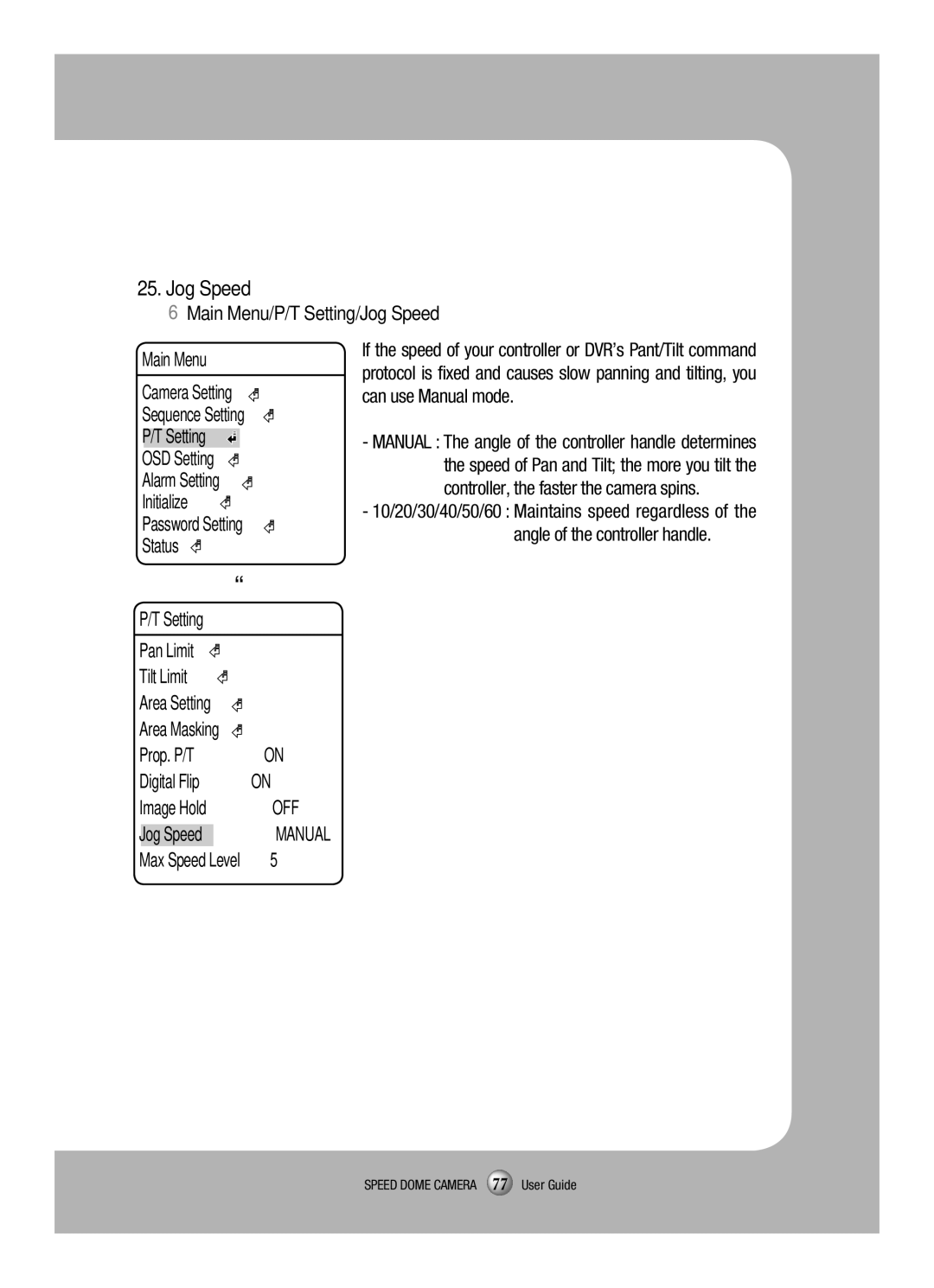 Samsung SCP-3120VH manual Main Menu/P/T Setting/Jog Speed 