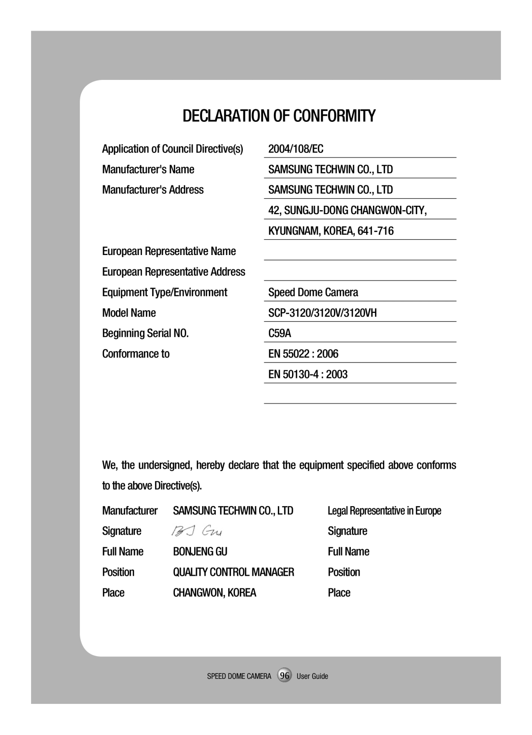 Samsung SCP-3120V 42, SUNGJU-DONG CHANGWON-CITY KYUNGNAM, Korea, Signature Full Name, Bonjeng GU, Place, CHANGWON, Korea 