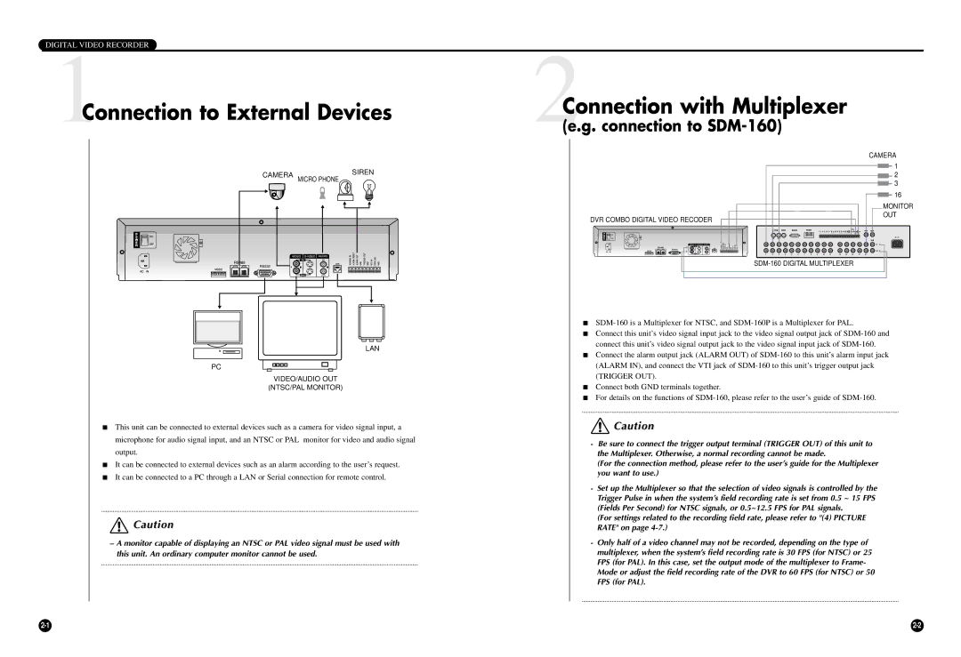 Samsung SCR-3000P user manual 1Connection to External Devices, 2Connection with Multiplexer 