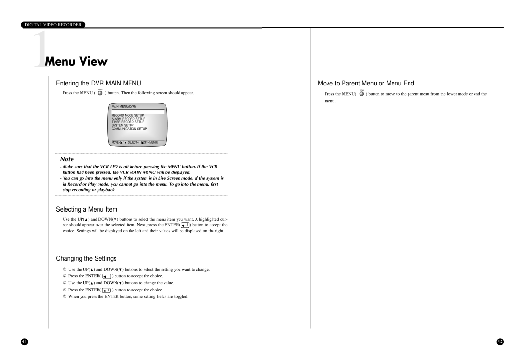 Samsung SCR-3000P user manual 1Menu View, Entering the DVR Main Menu, Selecting a Menu Item, Changing the Settings 