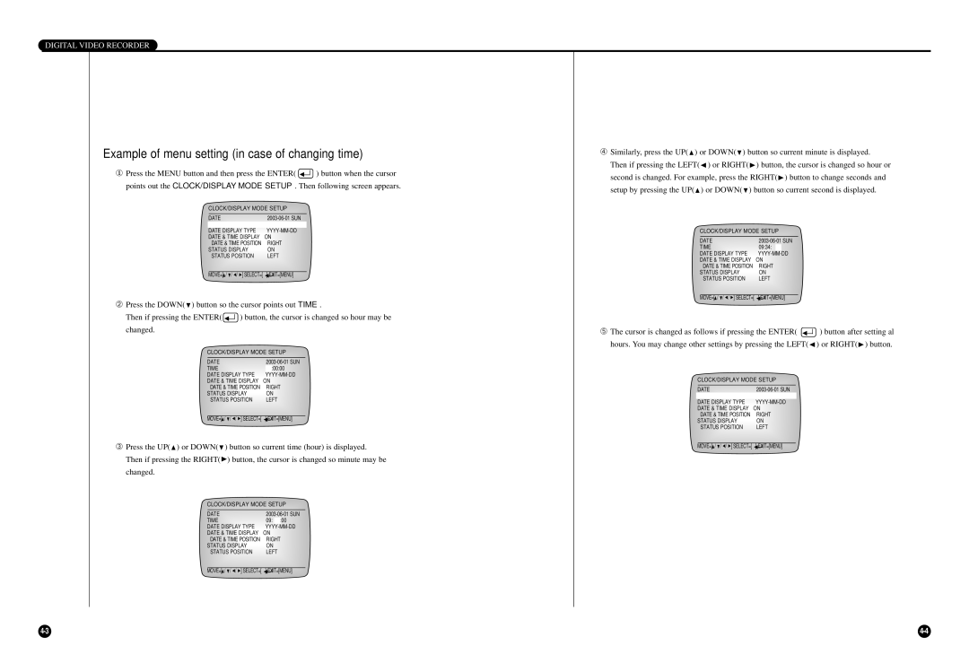 Samsung SCR-3000P user manual Example of menu setting in case of changing time, Time 