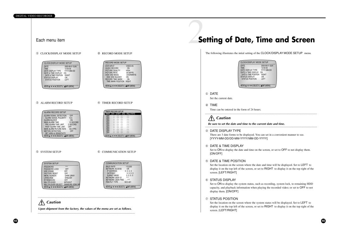 Samsung SCR-3000P user manual 2Setting of Date, Time and Screen, Each menu item 