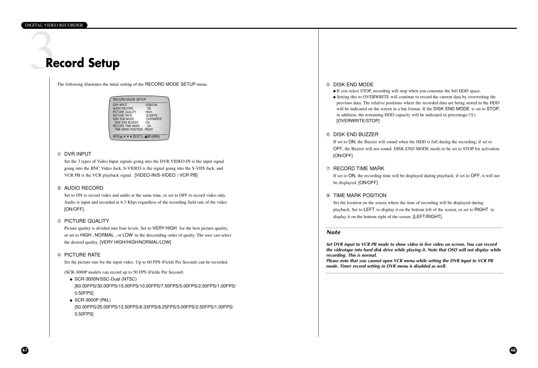 Samsung SCR-3000P user manual 3Record Setup 