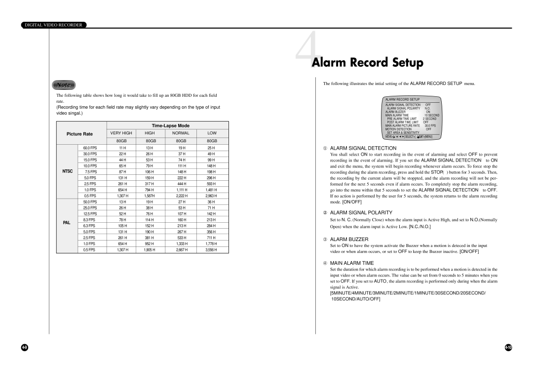 Samsung SCR-3000P user manual 4Alarm Record Setup, ① Alarm Signal Detection, ② Alarm Signal Polarity, ➂ Alarm Buzzer 