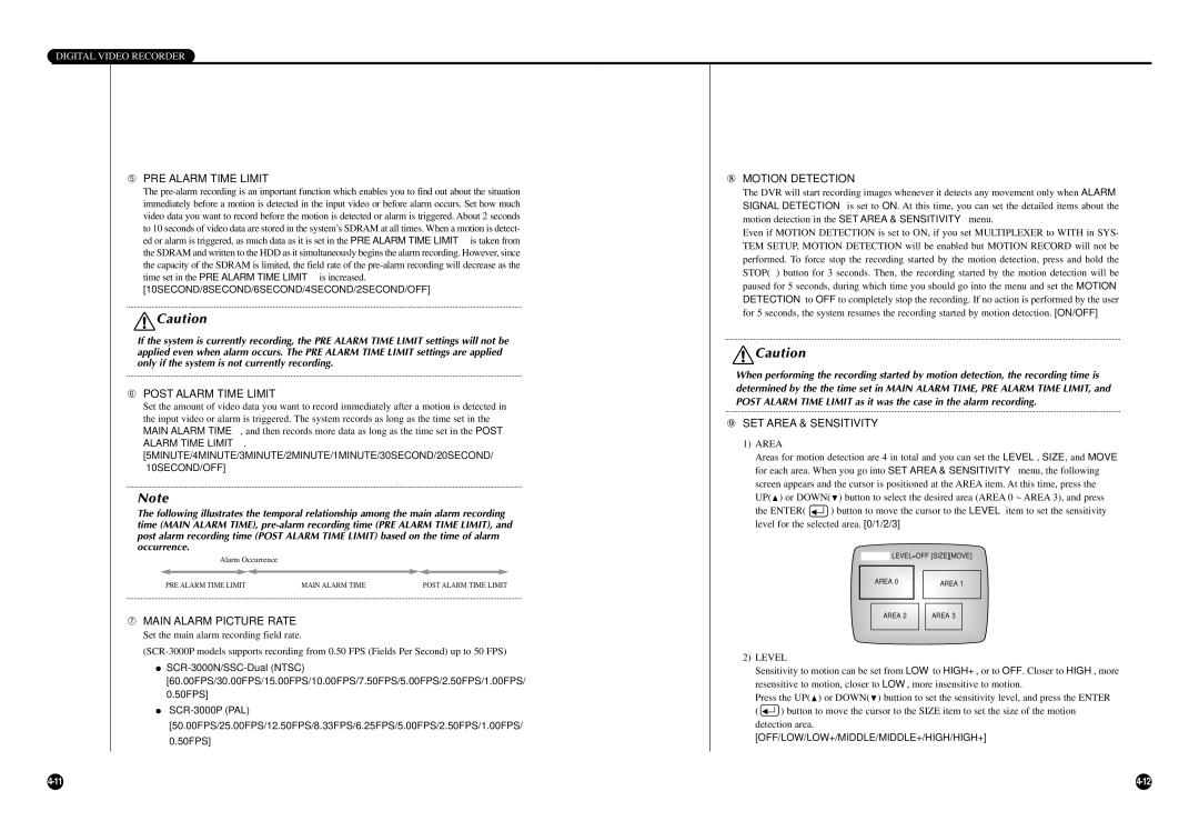 Samsung SCR-3000P ➄ PRE Alarm Time Limit, ➅ Post Alarm Time Limit, ➆ Main Alarm Picture Rate, ⑧ Motion Detection 