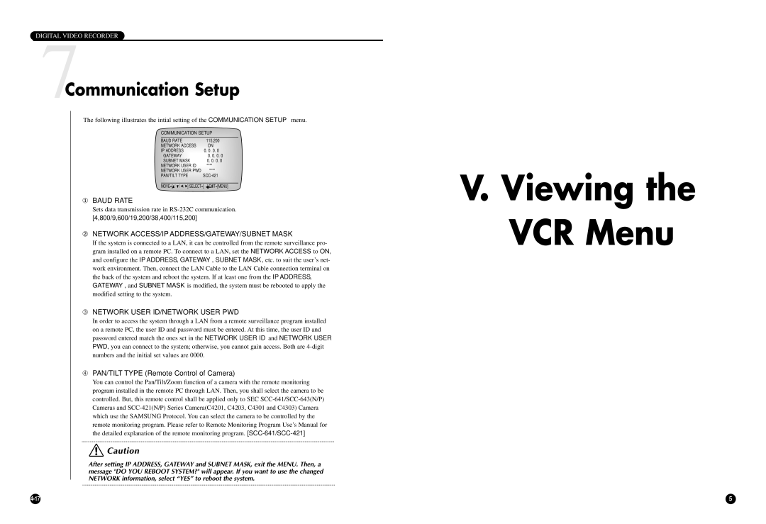 Samsung SCR-3000P Viewing VCR Menu, 7Communication Setup, ① Baud Rate, ② Network ACCESS/IP ADDRESS/GATEWAY/SUBNET Mask 