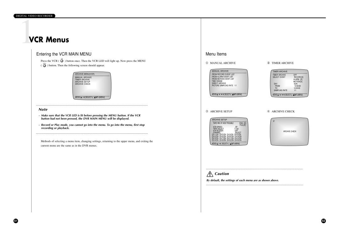 Samsung SCR-3000P user manual 1VCR Menus, Entering the VCR Main Menu, Menu Items, ① Manual Archive ② Timer Archive 