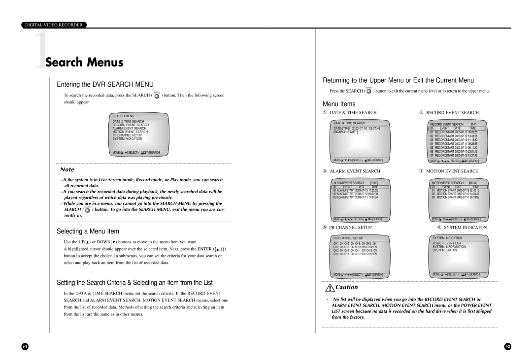 Samsung SCR-3000P 1Search Menus, Entering the DVR Search Menu, Returning to the Upper Menu or Exit the Current Menu 