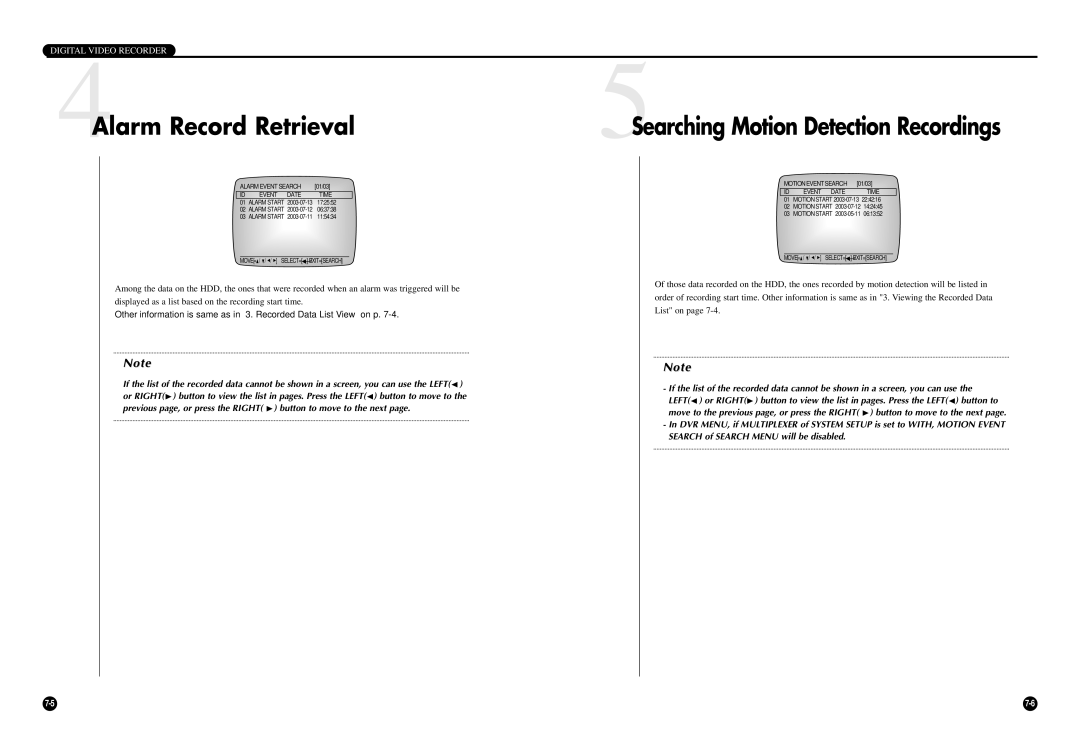 Samsung SCR-3000P user manual 4Alarm Record Retrieval, 5Searching Motion Detection Recordings 