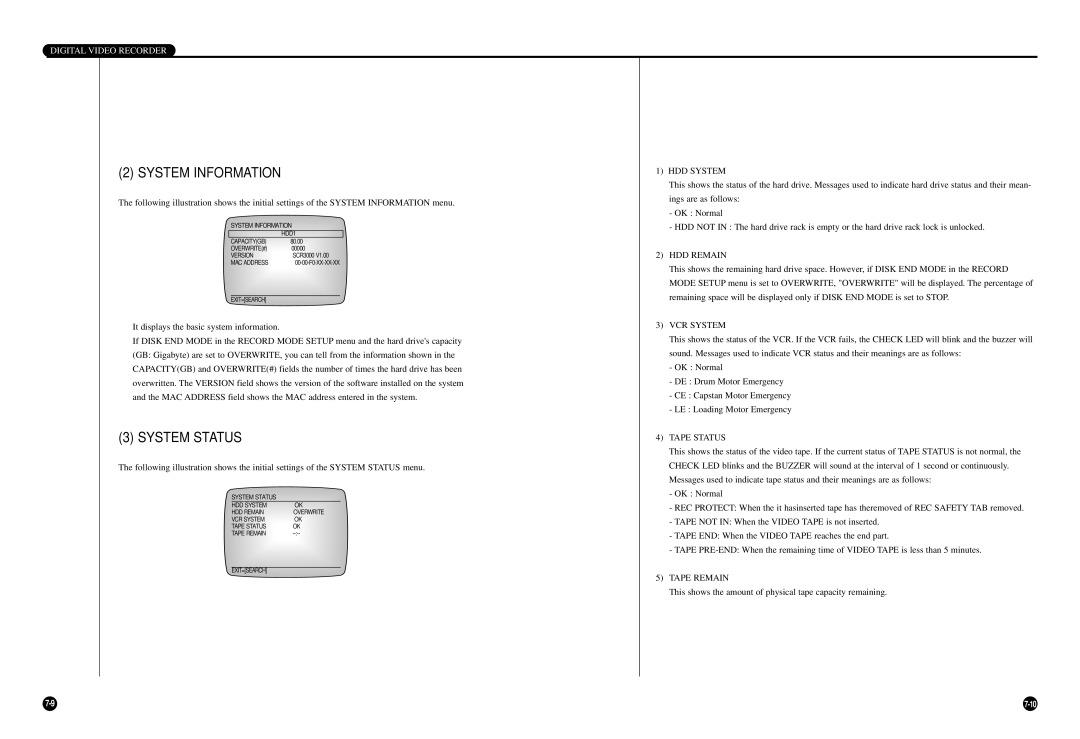 Samsung SCR-3000P user manual HDD System, HDD Remain, VCR System, Tape Status, Tape Remain 