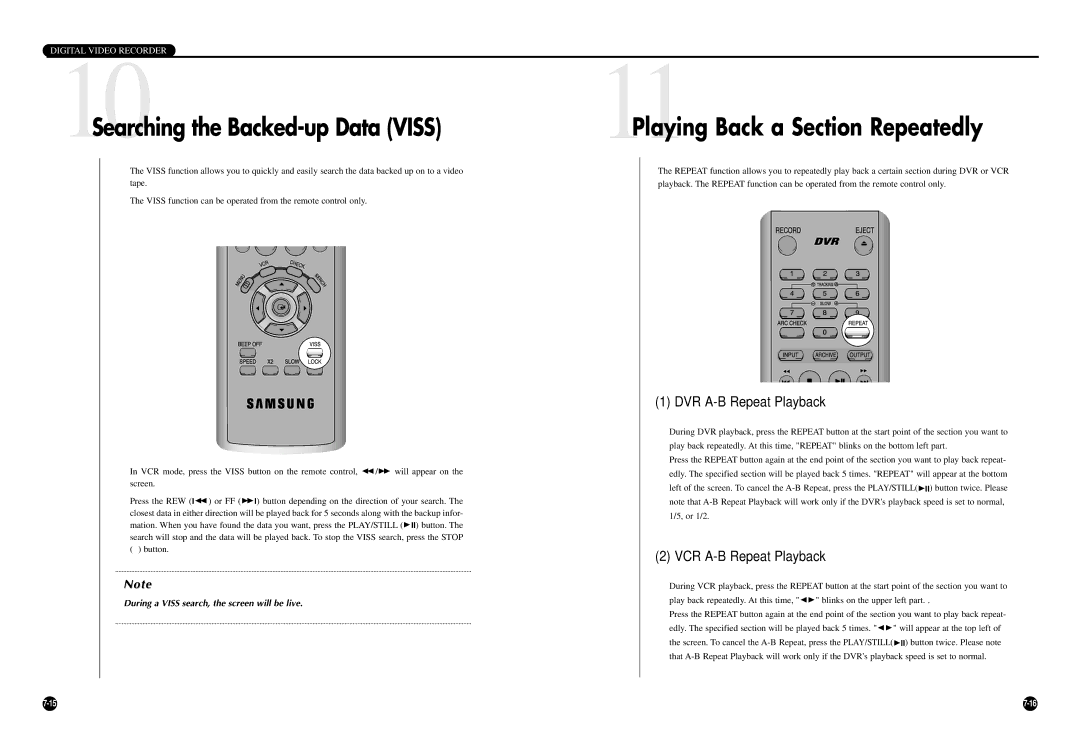 Samsung SCR-3000P user manual 10Searching the Backed-up Data Viss, DVR A-B Repeat Playback, VCR A-B Repeat Playback 