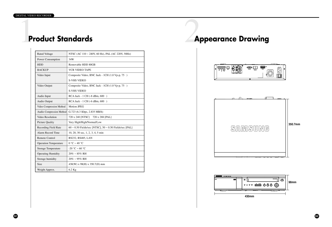 Samsung SCR-3000P user manual Product Standards, 2Appearance Drawing, Hdd, Backup VCR Video Tape, VHS Video 