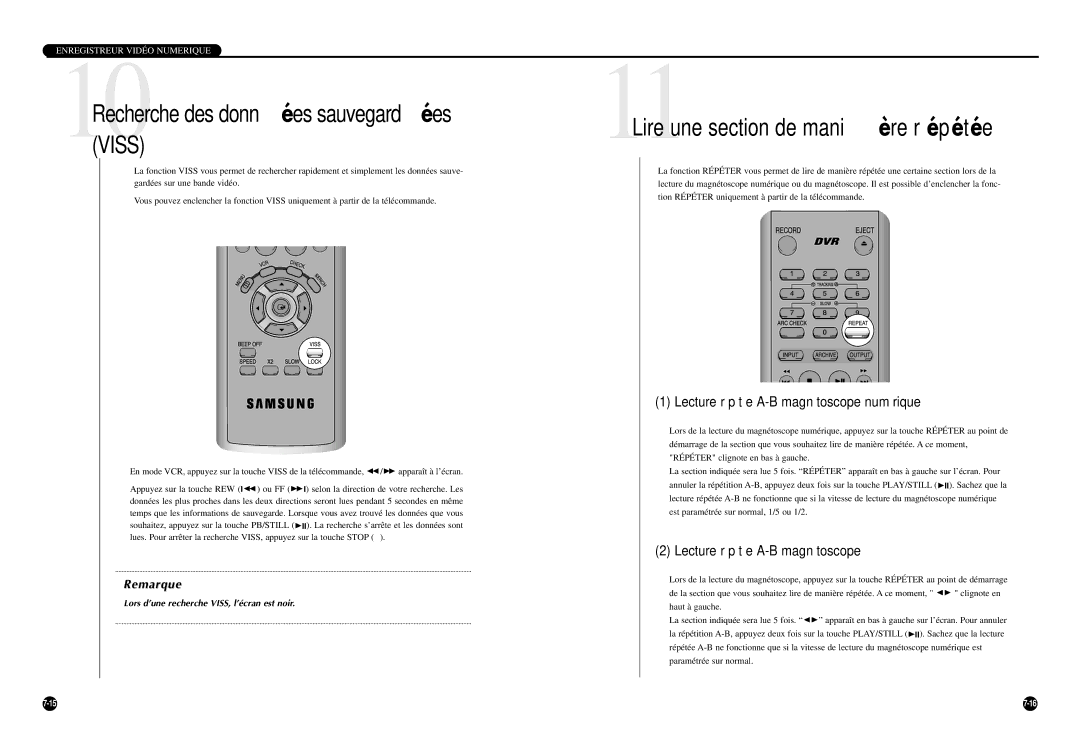 Samsung SCR-3000P manual 10Recherche des données sauvegardées Viss, Lecture répétée A-B magnétoscope numérique 