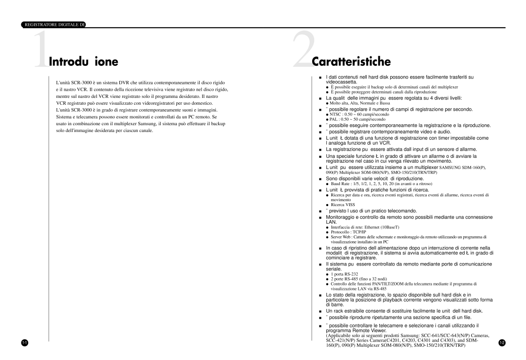 Samsung SCR-3000P manual 1Introduzione, 2Caratteristiche, ’unità è provvista di pratiche funzioni di ricerca 