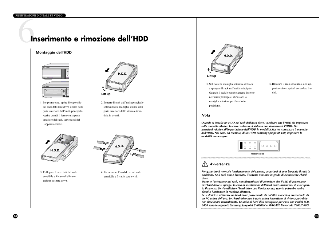 Samsung SCR-3000P manual 6Inserimento e rimozione dell’HDD, Montaggio dell’HDD 