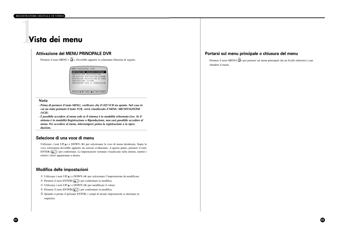 Samsung SCR-3000P manual 1Vista dei menu, Attivazione del Menu Principale DVR, Selezione di una voce di menu 