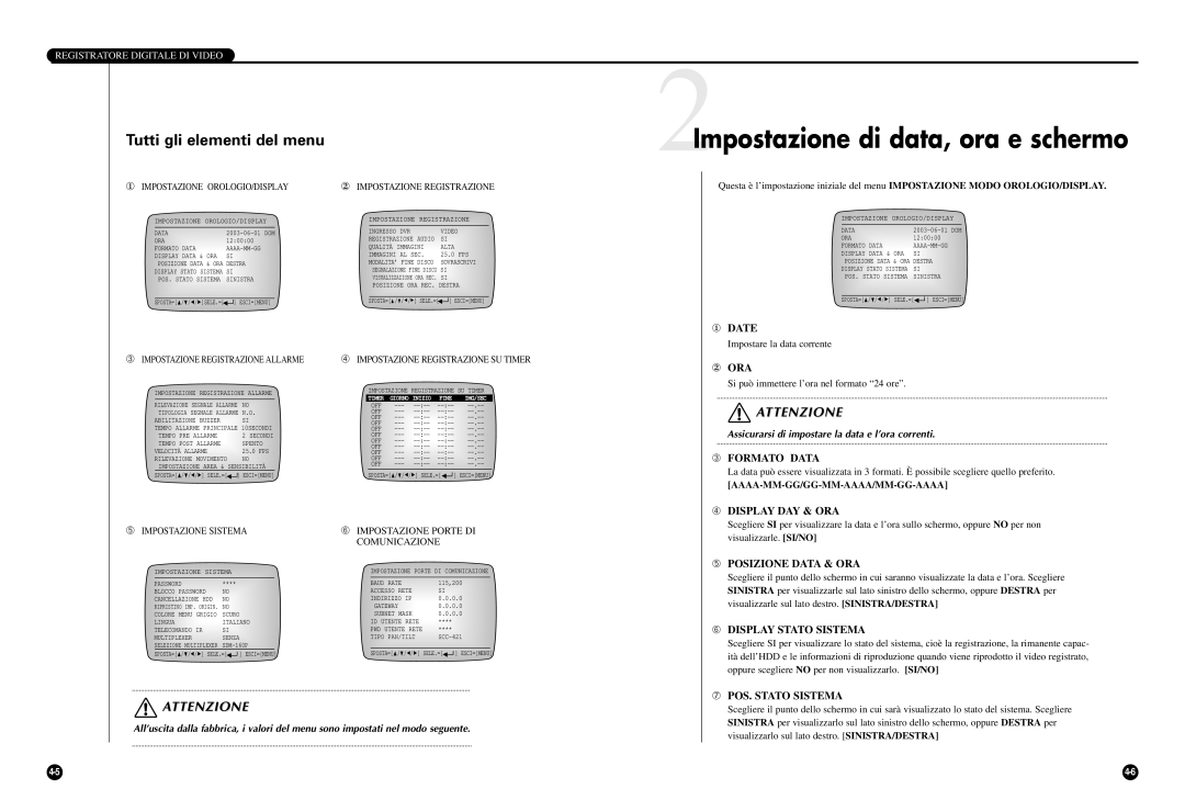 Samsung SCR-3000P manual 2Impostazione di data, ora e schermo, Tutti gli elementi del menu 