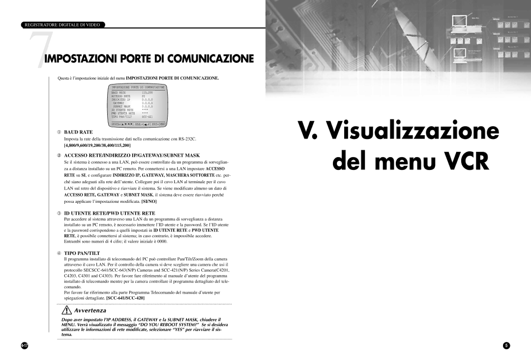 Samsung SCR-3000P manual Visualizzazione del menu VCR, ① Baud Rate, ② Accesso RETE/INDIRIZZO IP/GATEWAY/SUBNET Mask 