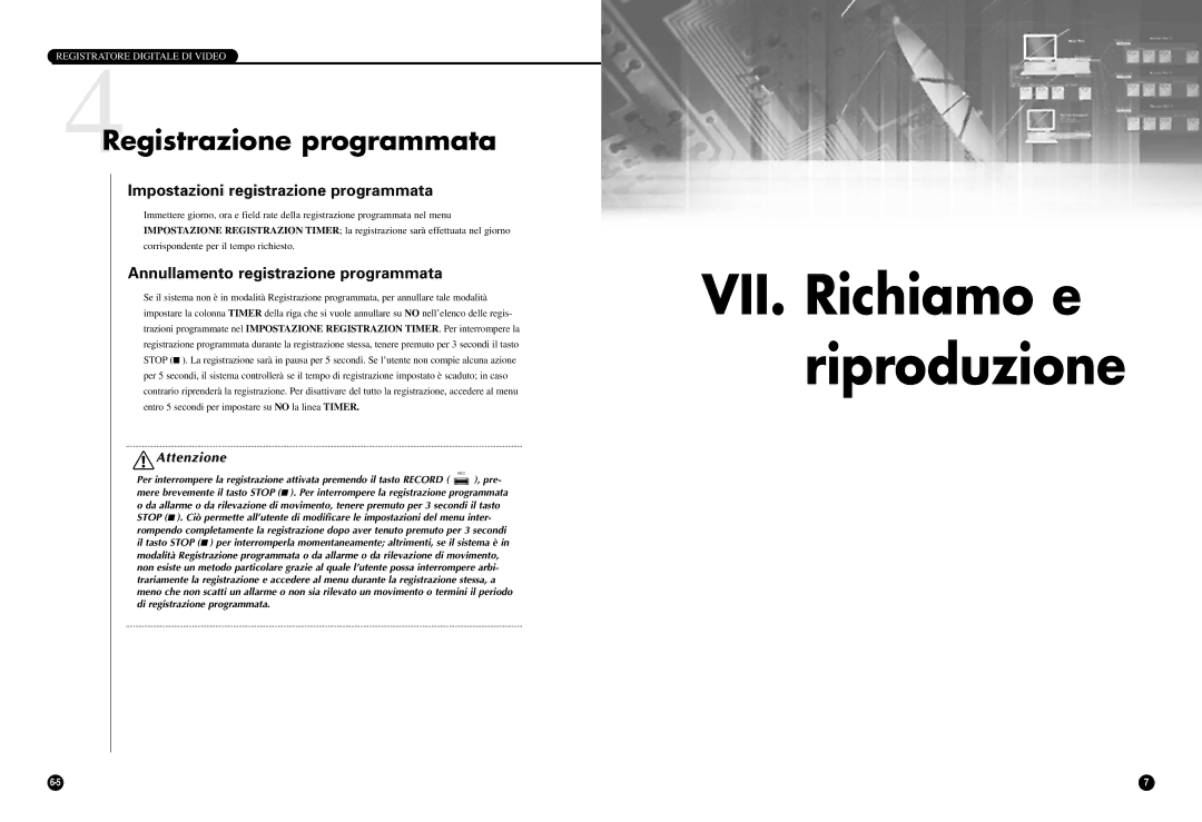 Samsung SCR-3000P manual VII. Richiamo e riproduzione, 4Registrazione programmata, Impostazioni registrazione programmata 