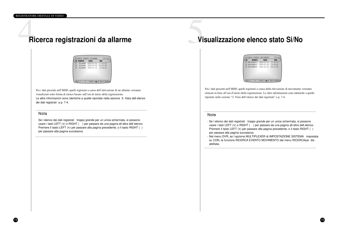 Samsung SCR-3000P manual 4Ricerca registrazioni da allarme, 5Visualizzazione elenco stato Si/No 