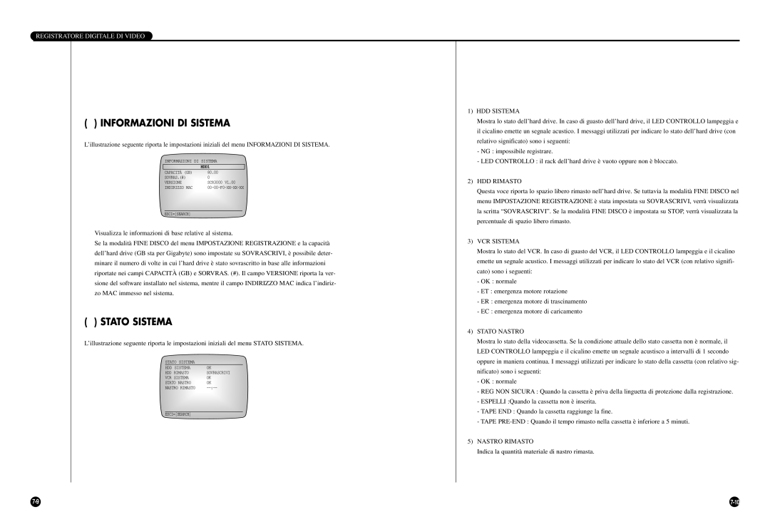 Samsung SCR-3000P manual HDD Sistema, HDD Rimasto, VCR Sistema, Stato Nastro, Nastro Rimasto 