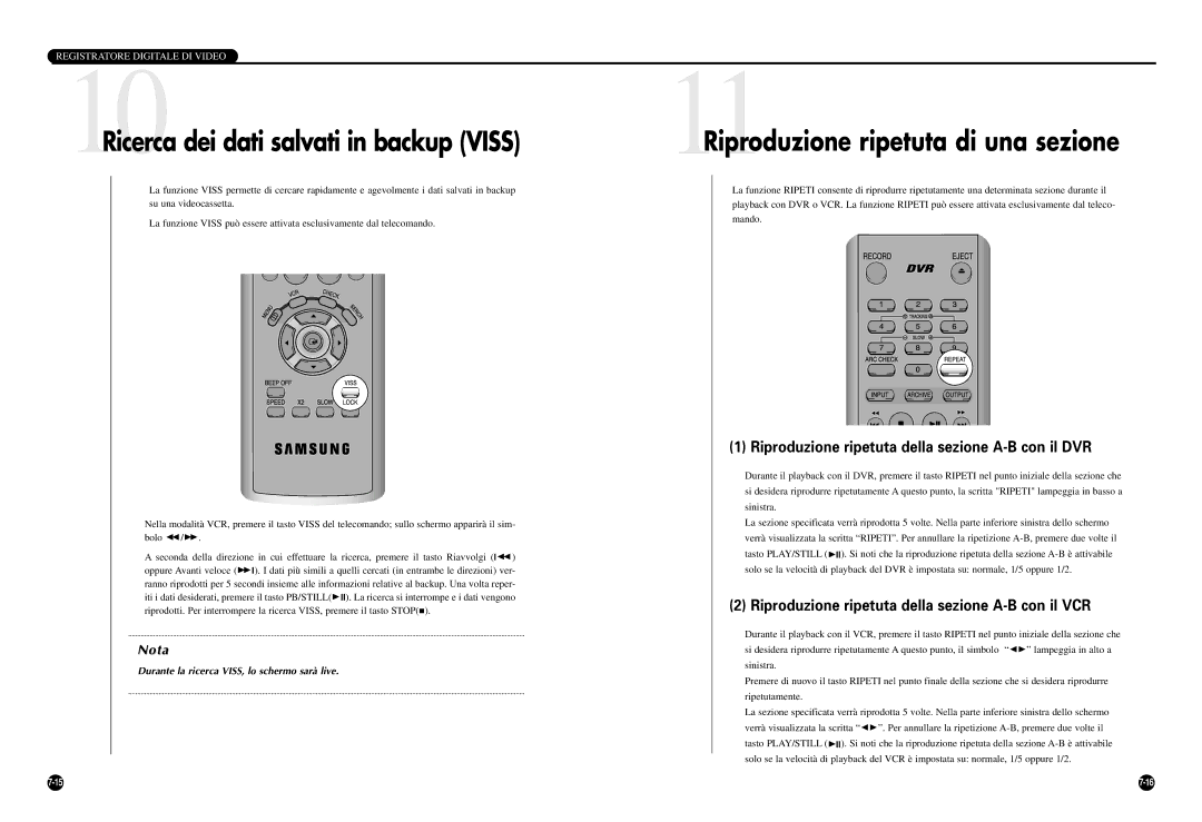 Samsung SCR-3000P Riproduzione ripetuta della sezione A-B con il DVR, Riproduzione ripetuta della sezione A-B con il VCR 