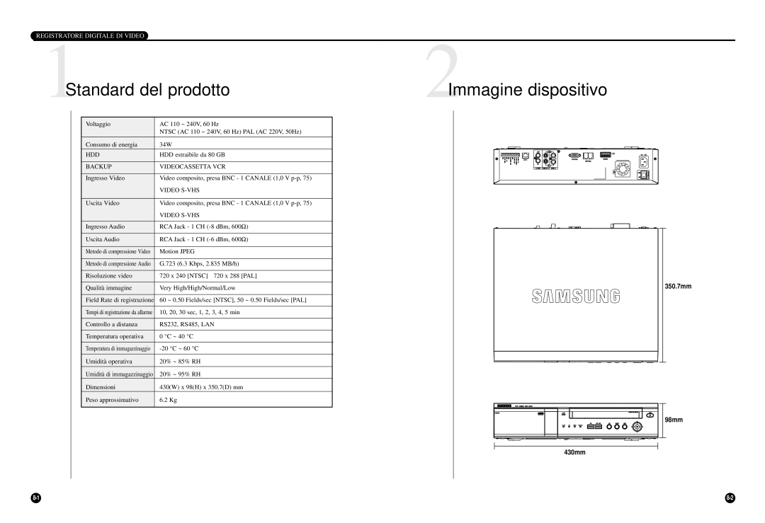 Samsung SCR-3000P manual 1Standard del prodotto, 2Immagine dispositivo, Backup Videocassetta VCR, Video S-VHS 