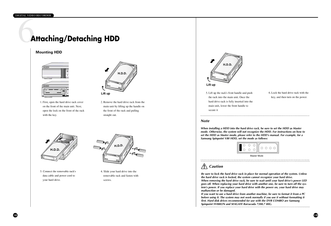 Samsung SCR-3000P manual 6Attaching/Detaching HDD, Mounting HDD, Lift up the racks front handle and push 