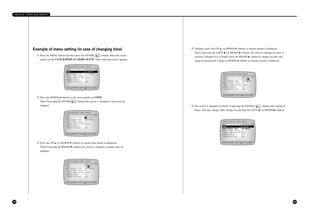 Samsung SCR-3000P manual Example of menu setting in case of changing time, Time 