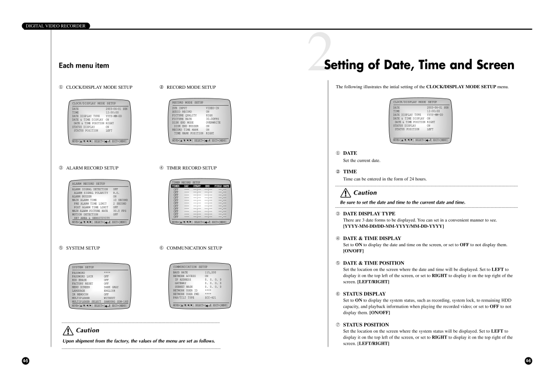 Samsung SCR-3000P manual 2Setting of Date, Time and Screen, Each menu item 