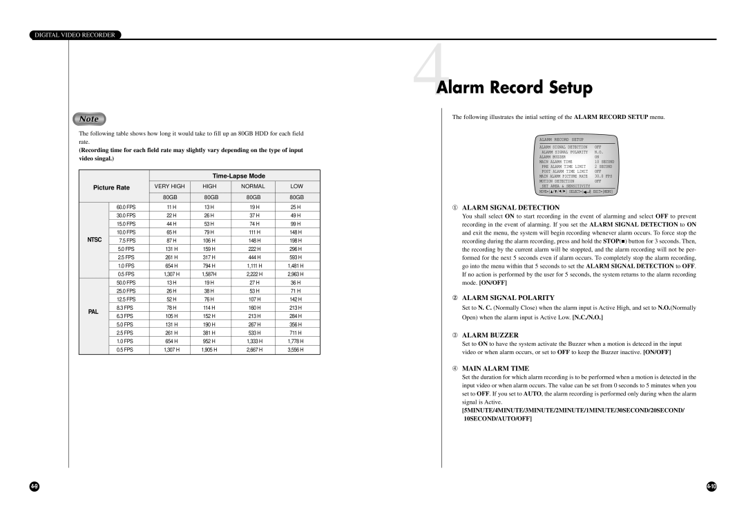 Samsung SCR-3000P manual 4Alarm Record Setup, ① Alarm Signal Detection, ② Alarm Signal Polarity, ➂ Alarm Buzzer 