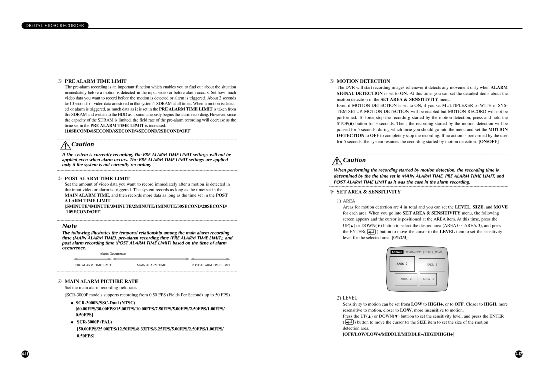 Samsung SCR-3000P manual ➄ PRE Alarm Time Limit, ➅ Post Alarm Time Limit, ➆ Main Alarm Picture Rate, ⑧ Motion Detection 