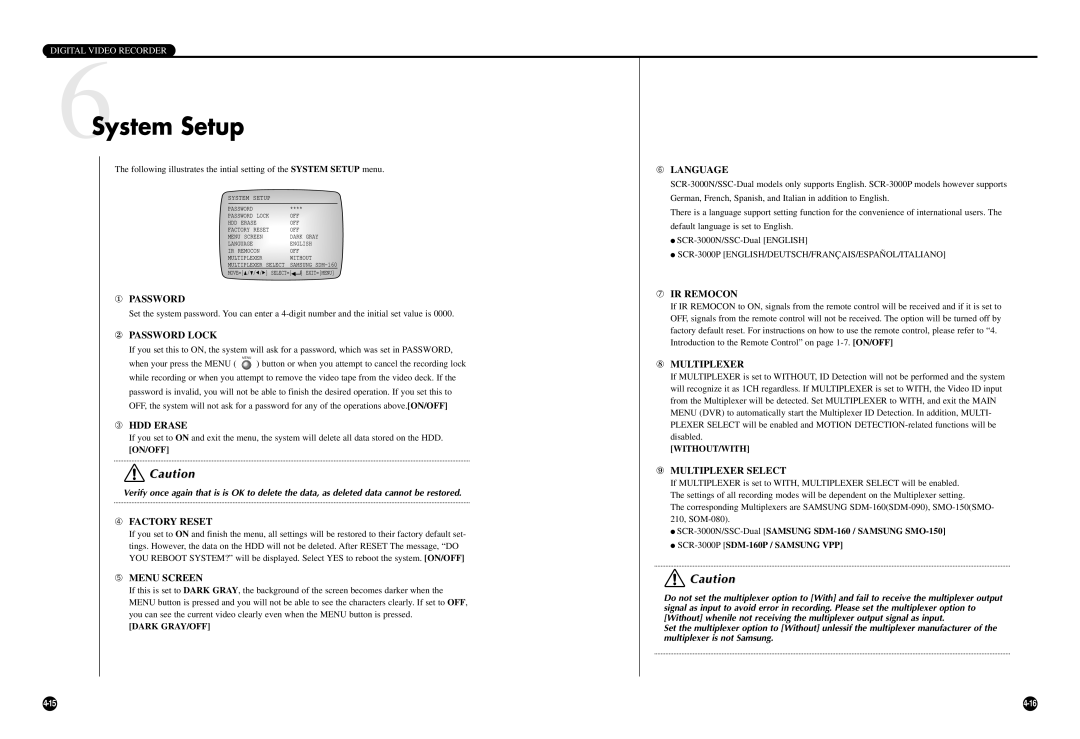 Samsung SCR-3000P manual 6System Setup 